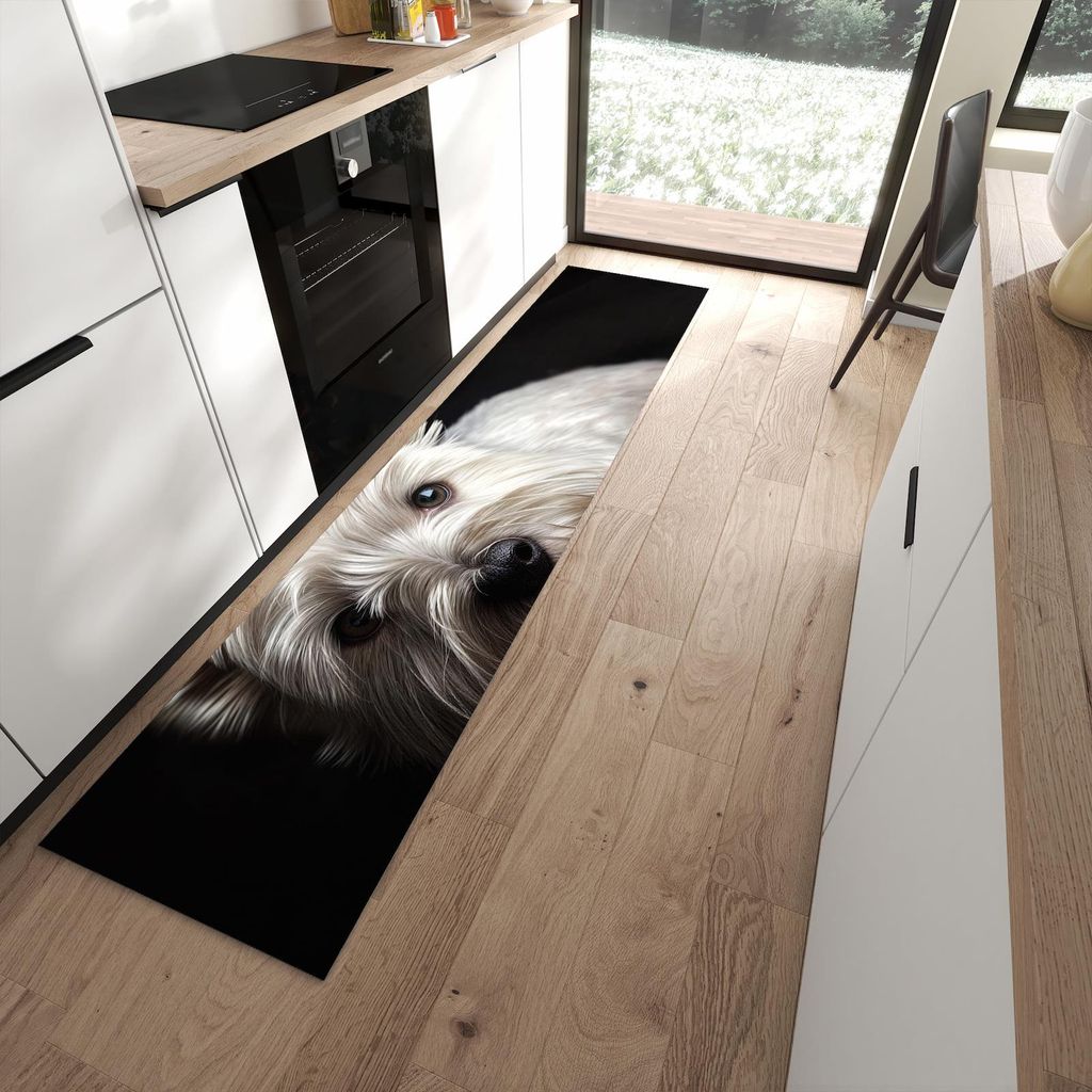 Küchenteppich 60x270cm rutschfest & abwischbar PVC Läufer - Weisser Hund