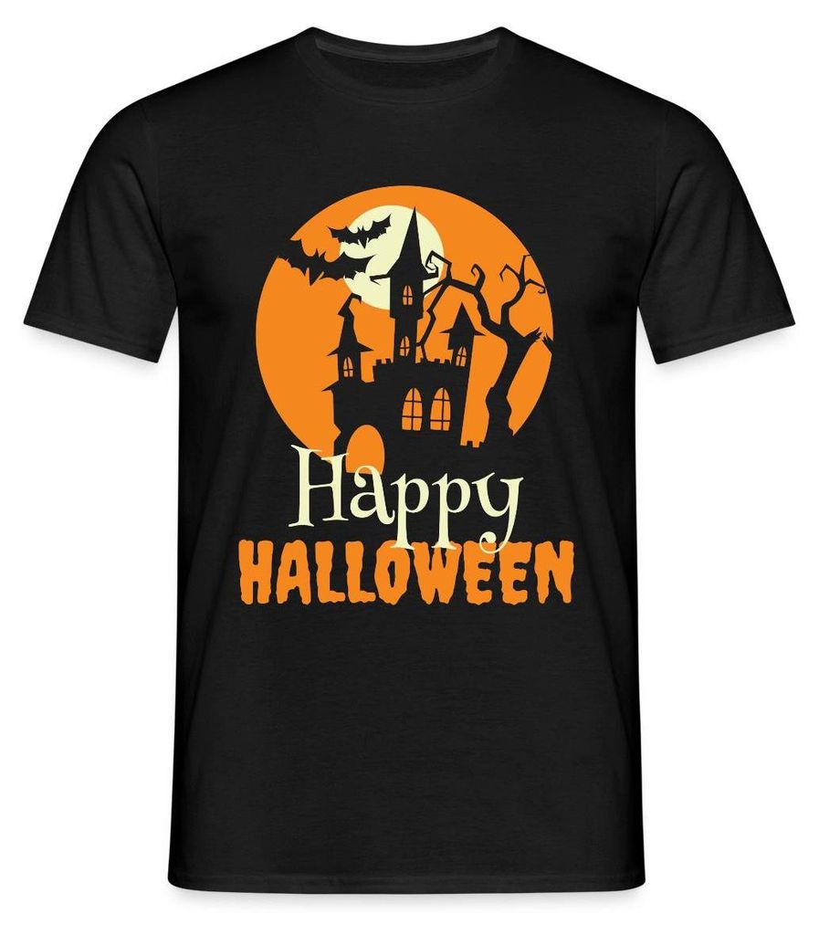 Spreadshirt Happy Halloween Spukhaus Mit Vollmond Und Fledermaus Männer T-Shirt, L, Schwarz