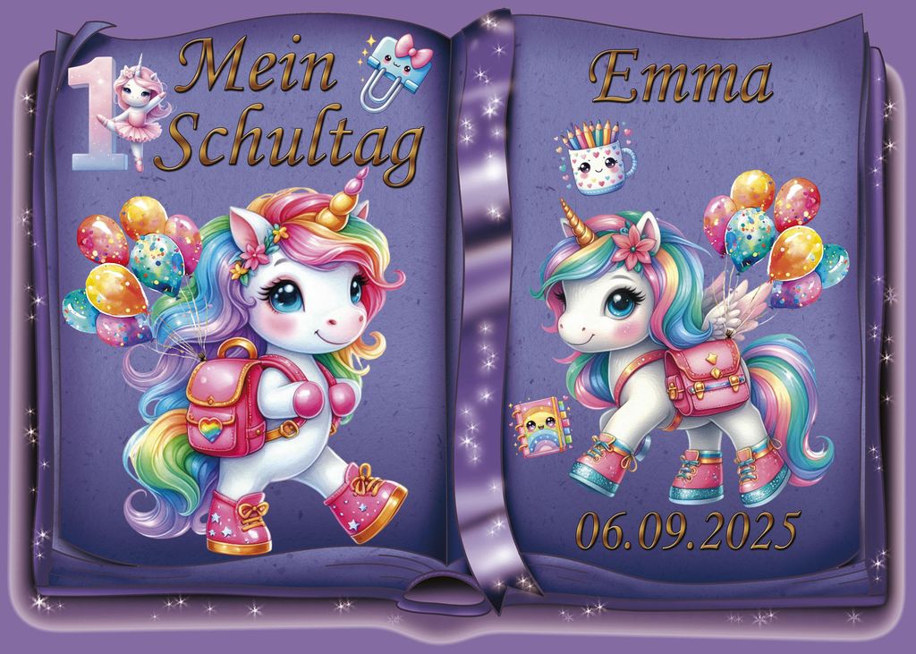 Tortenaufleger Tortendeko Fototorte Tortenbild Einhorn Regenbogen Einschulung Schulanfang 1. Schultag Schuleinführung SE07 (Zuckerpapier) DIN A4 o...