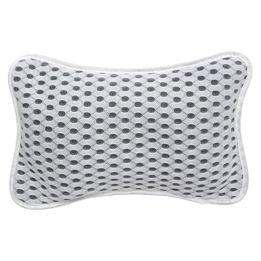 A white and gray bath pillow with a dot pattern.