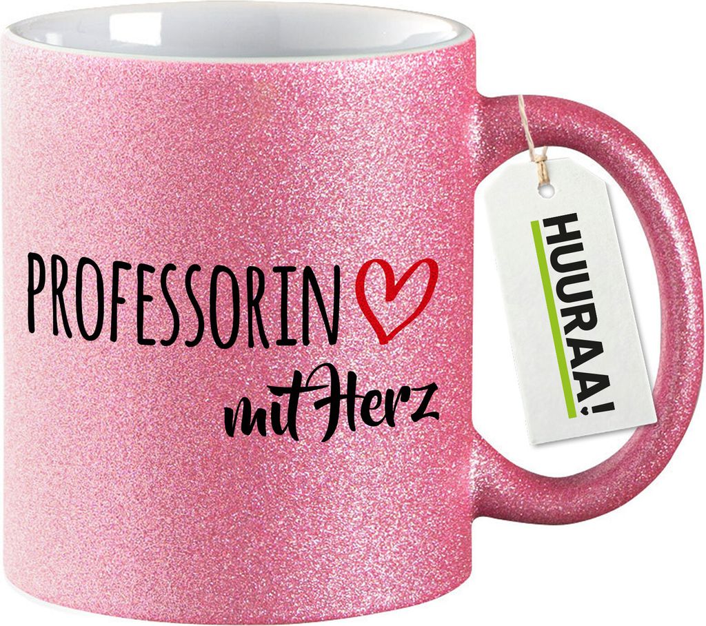 Huuraa Glitzertasse Professorin mit Herz 330ml Pink Keramik Kaffeebecher Geschenkidee