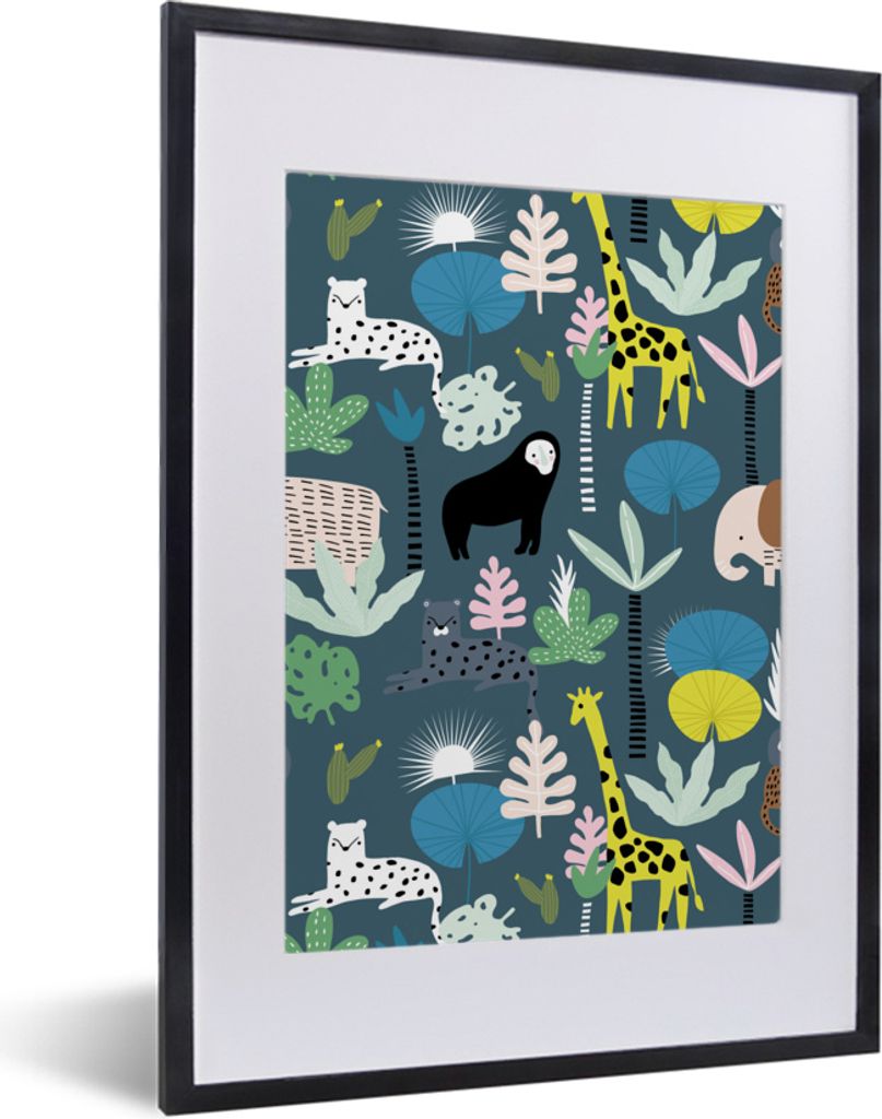 MuchoWow MuchoWow Gerahmtes Poster Dschungel - Tiere - Blau 30x40 cm - Poster mit zchwarzem Bilderrahmen - Wandposter Schlafzimmer