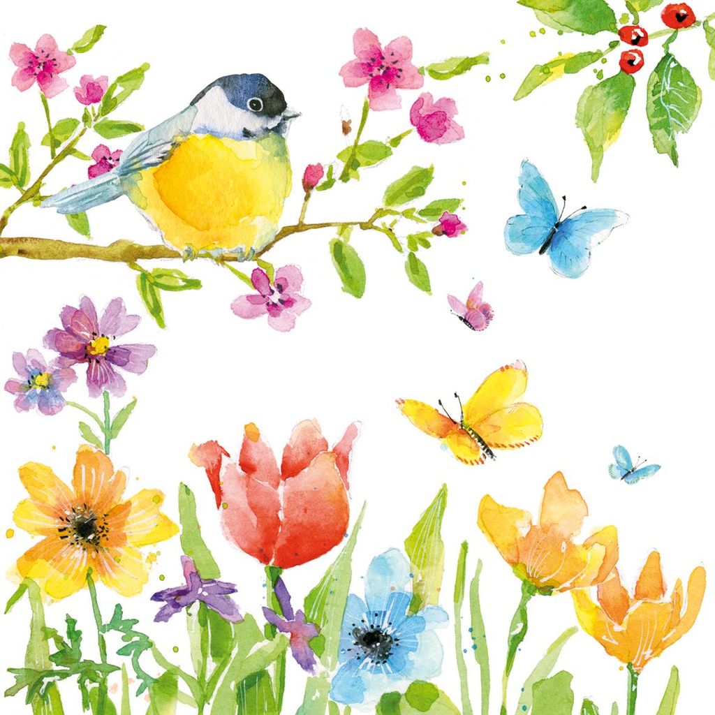 20 Servietten Spring Bird - Vogel an Frühlingswiese 33x33cm Produktbild 
