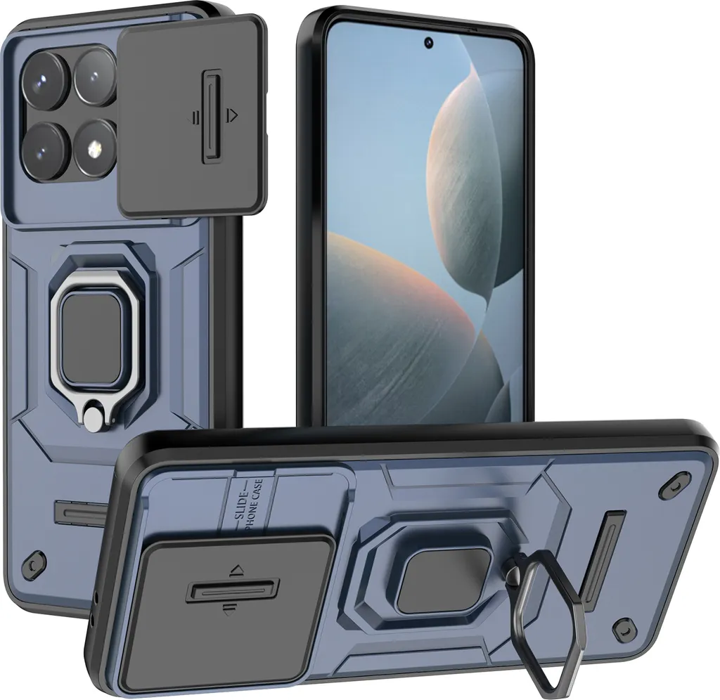 Custodia per Huawei Pura 70 a doppio strato con protezione scorrevole della fotocamera e supporto ad anello, stand blu