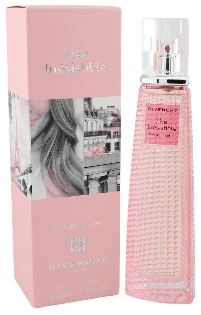 Givenchy Live Irrésistible Eau de Toilette in rosa Flakon mit strukturierter Oberfläche neben passender Verpackung mit stilvollem Design