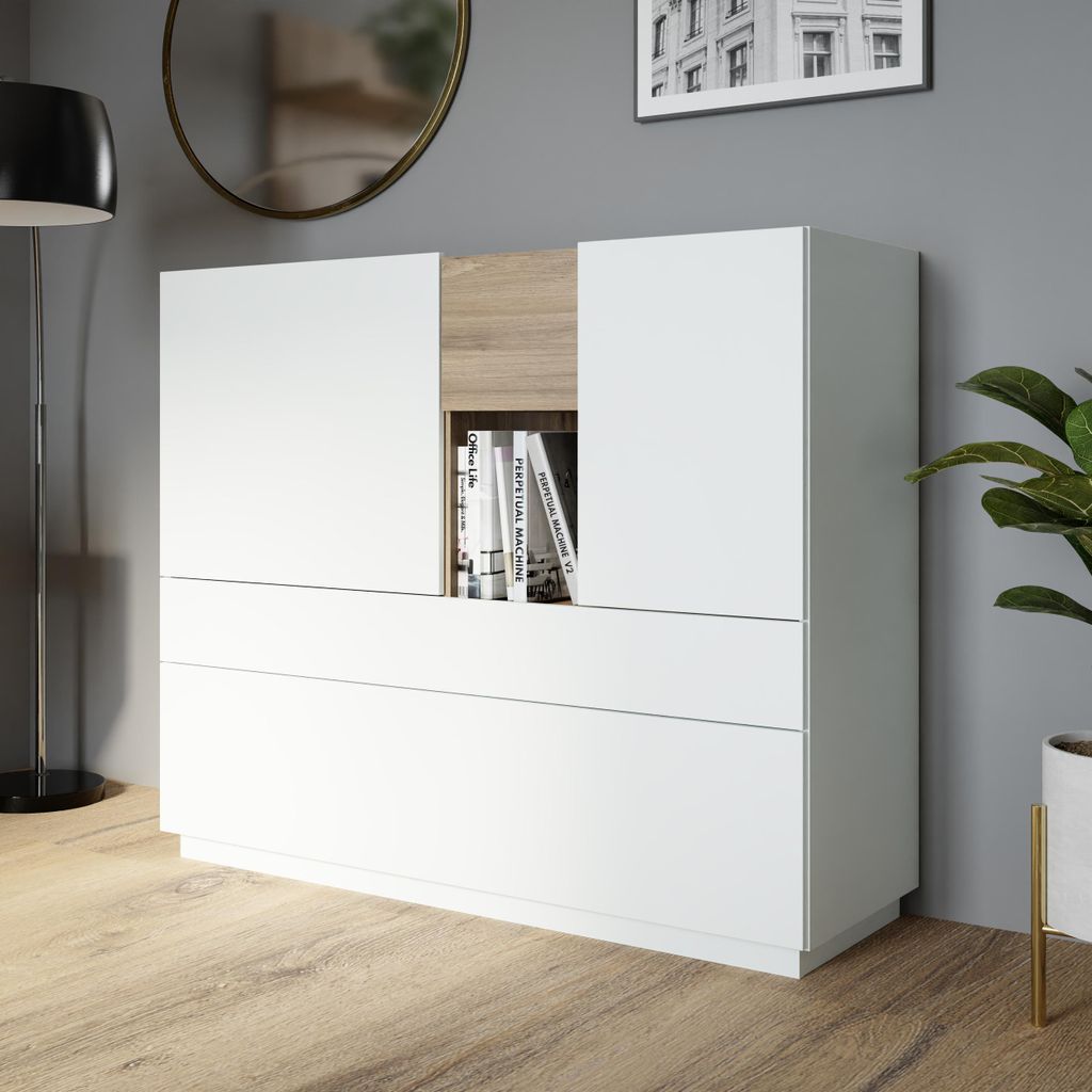 Forte LEWISVILLE Sideboard 180, minimalistisches Sideboard, 1-türig, Kippfach, Schublade, Holzwerkstoff, Wohnzimmer, Secret Grey | Valenica Eiche ...