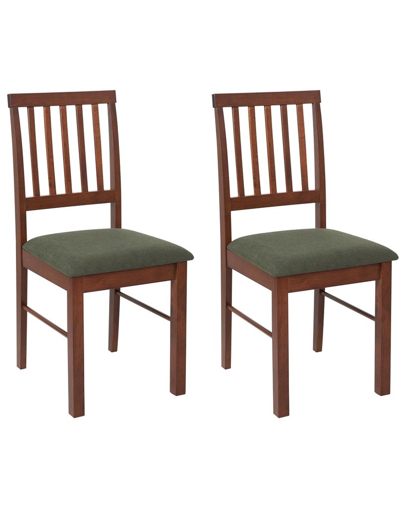 BELIANI Esszimmerstuhl 2er Set Dunkelbraun u. Dunkelgrün Gummibaumholz mit Sitzpolster Streben Hohe Rückenlehne ohne Armlehnen Klassisch Holzstuhl