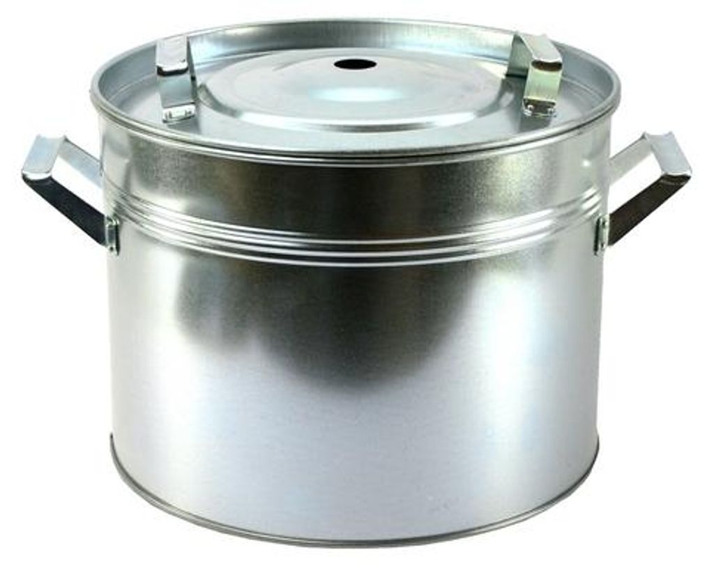 A silver metal pot with handles and a lid.