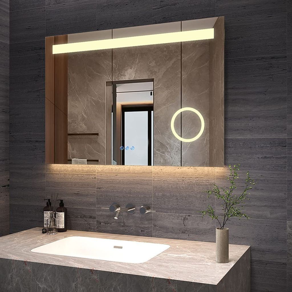 AQUALAVOS Badspiegel mit Beleuchtung 100x70cm Touch Dimmbar Kaltweiß Warmweiß Neutralweiß Spiegelheizung Schminkspiegel Energiesparend Memory-Fu...