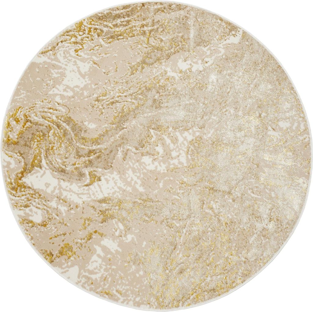 A round rug with a marble-like pattern in beige and gold.