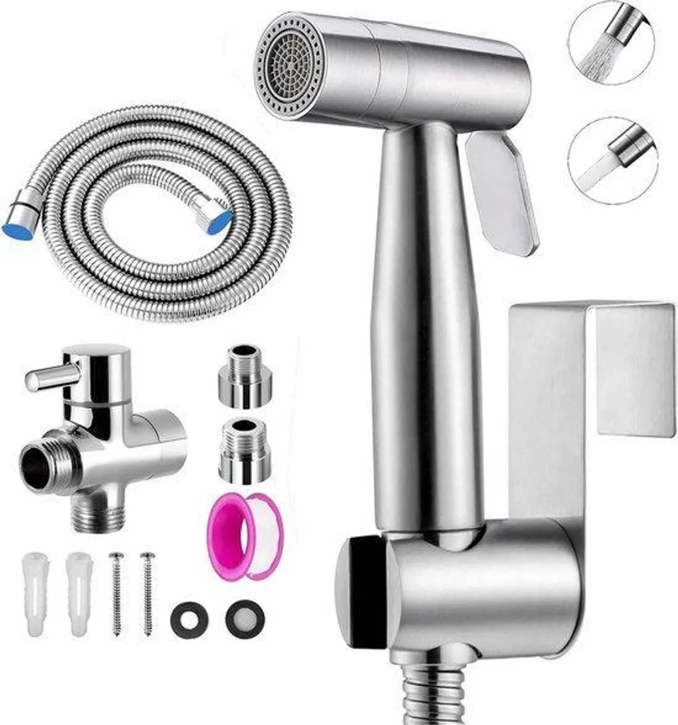 Douchette de WC bidet en acier inox avec vanne en T et tuyau de 1,5m