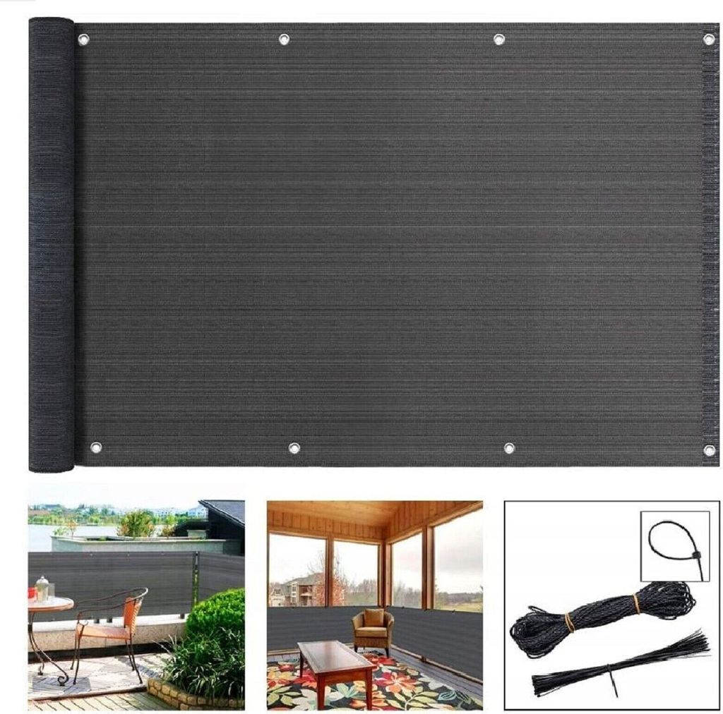 A collage showing a rolled-up privacy screen, a balcony with the screen installed, an interior porch with the screen installed, and a bundle of ties.