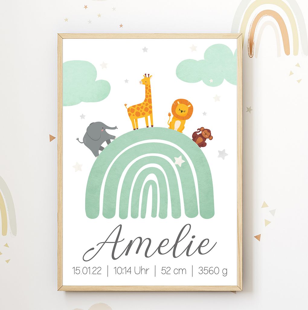 Regenbogen Safari Tiere Geburtsposter personalisiert | Babyposter Kinderposter Kinderzimmer Geschenk zur Geburt – A4 (21x29.7cm) / Grün