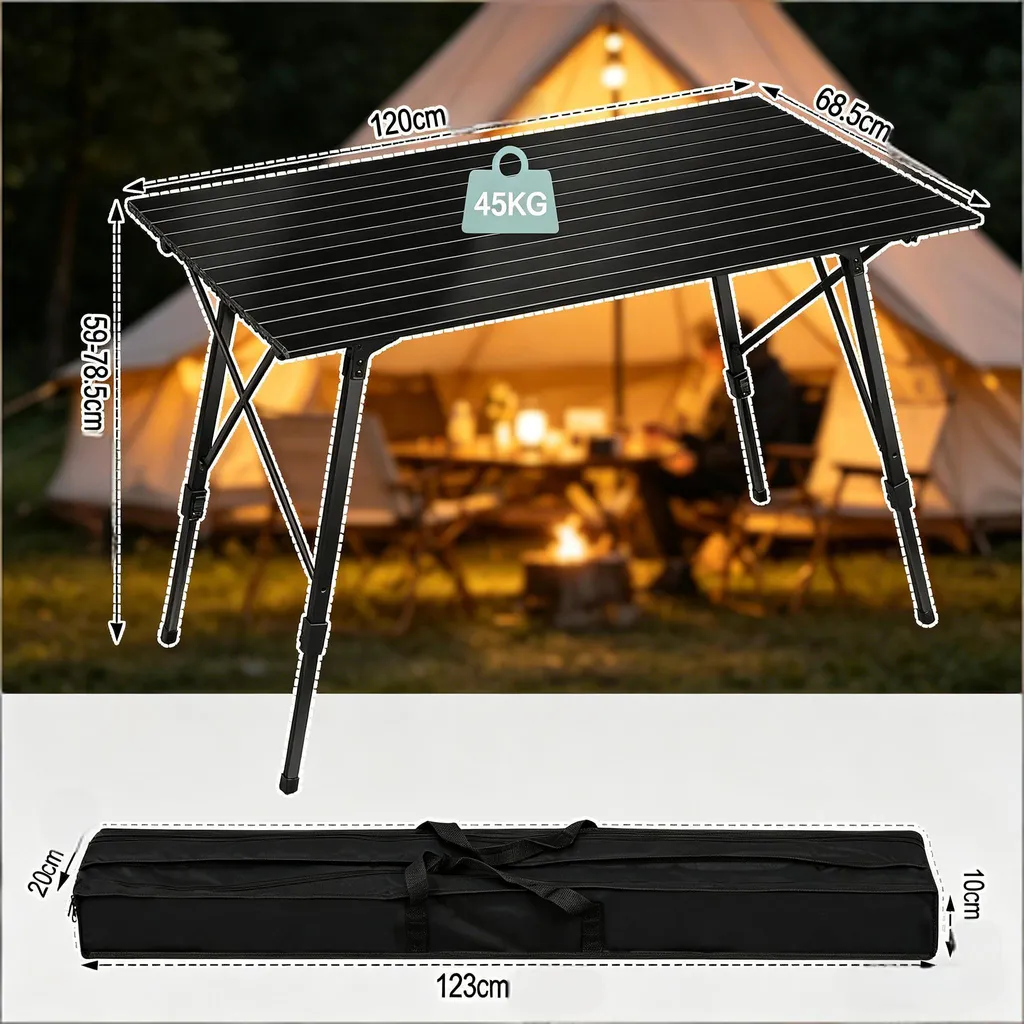 Table de camping pliable à hauteur réglable avec plateau en aluminium