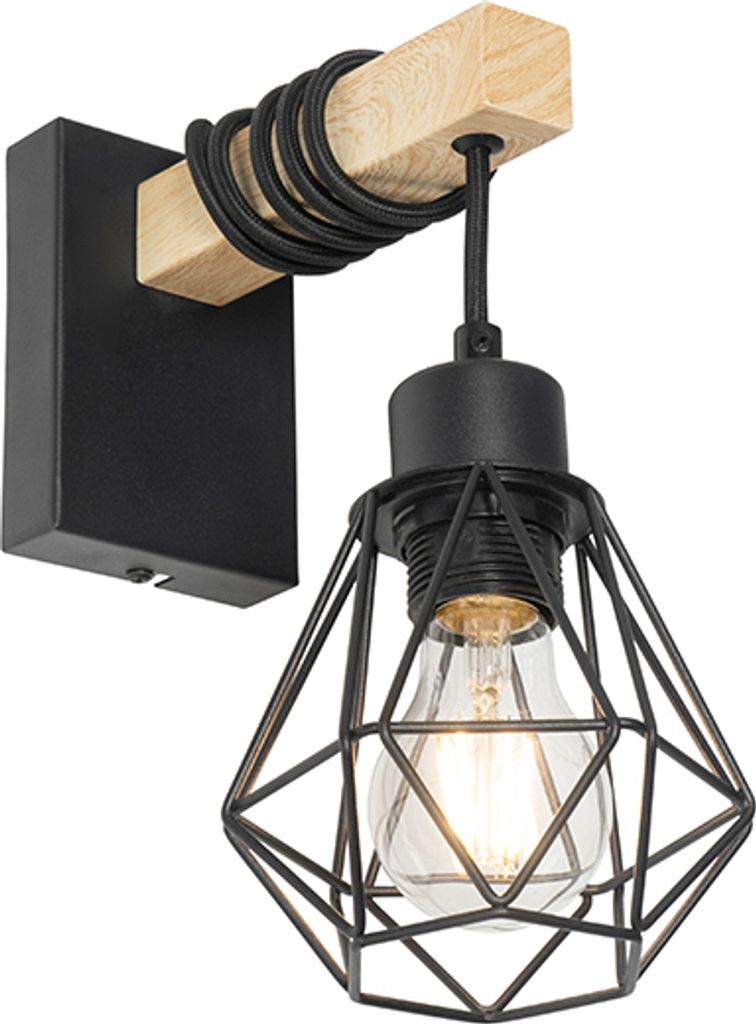 QAZQA - Landhaus I Vintage Smart Wall Lamp Black with Wood Incl. WiFi A60 - Chon Dimmer I Dimmbar I Wohnzimmer I Schlafzimmer - Stahl Andere - LED ...