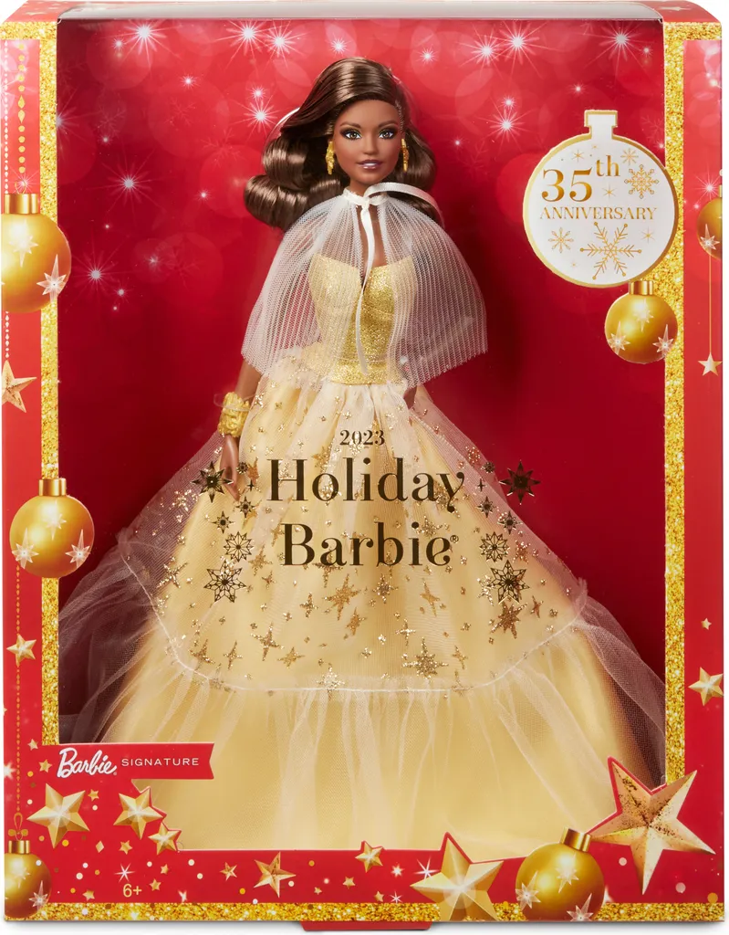 Poupée de Noël Barbie Signature aux Cheveux Bruns avec Robe de Fête Élégante