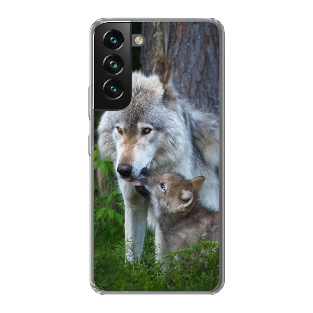 MuchoWow Handyhülle Schutzhülle Hülle für Samsung Galaxy S22 Plus Wolf - Moos - Wald - Welpe Silikon Softcase Handy Hülle - Schutzabdeckung