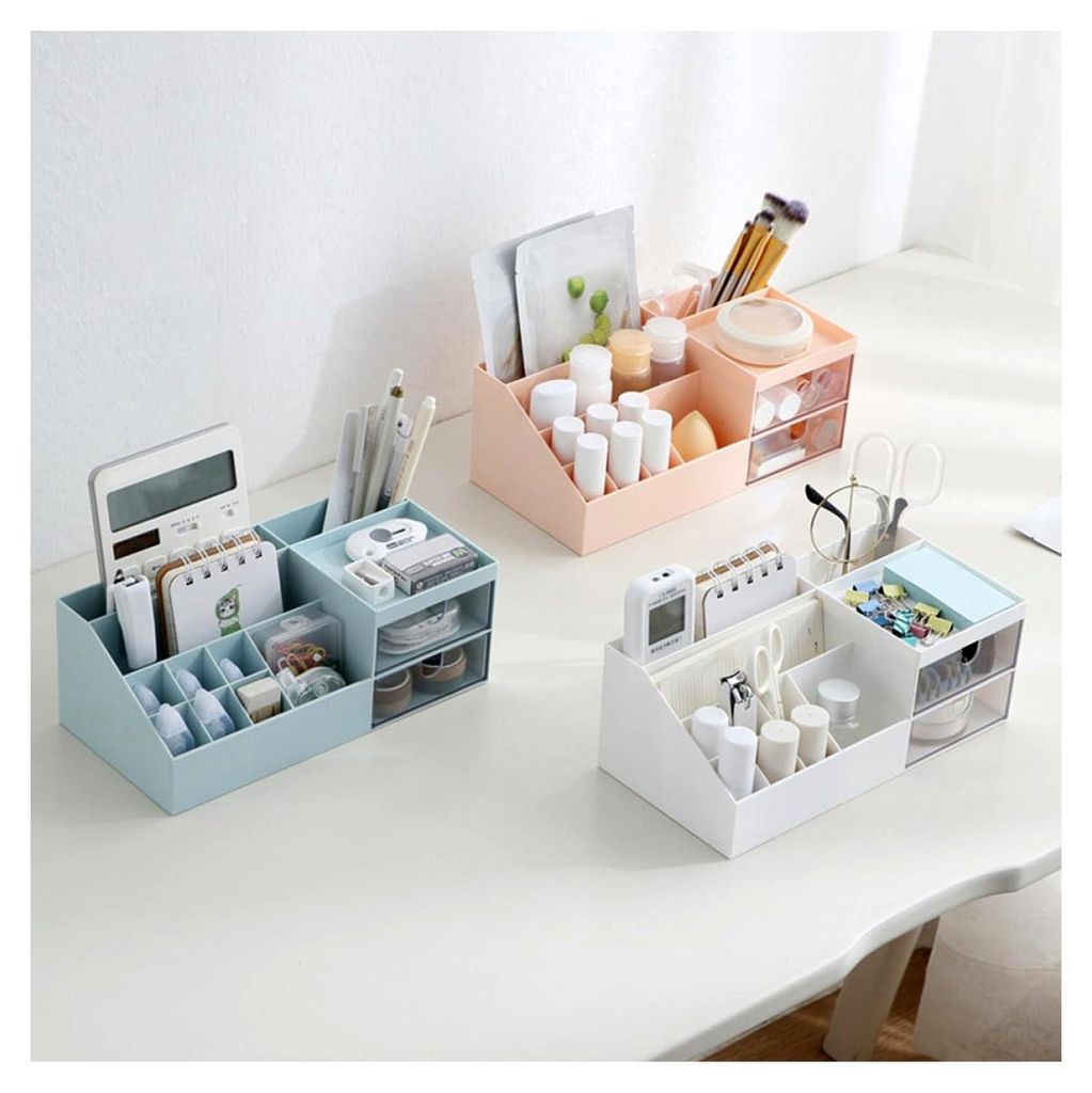 Kunststoff Aufbewahrungsbox für Schreibtisch mit Fächern und Schubladen, platzsparender weißer Organizer für Büro, Schlafzimmer und Wohnzimmer