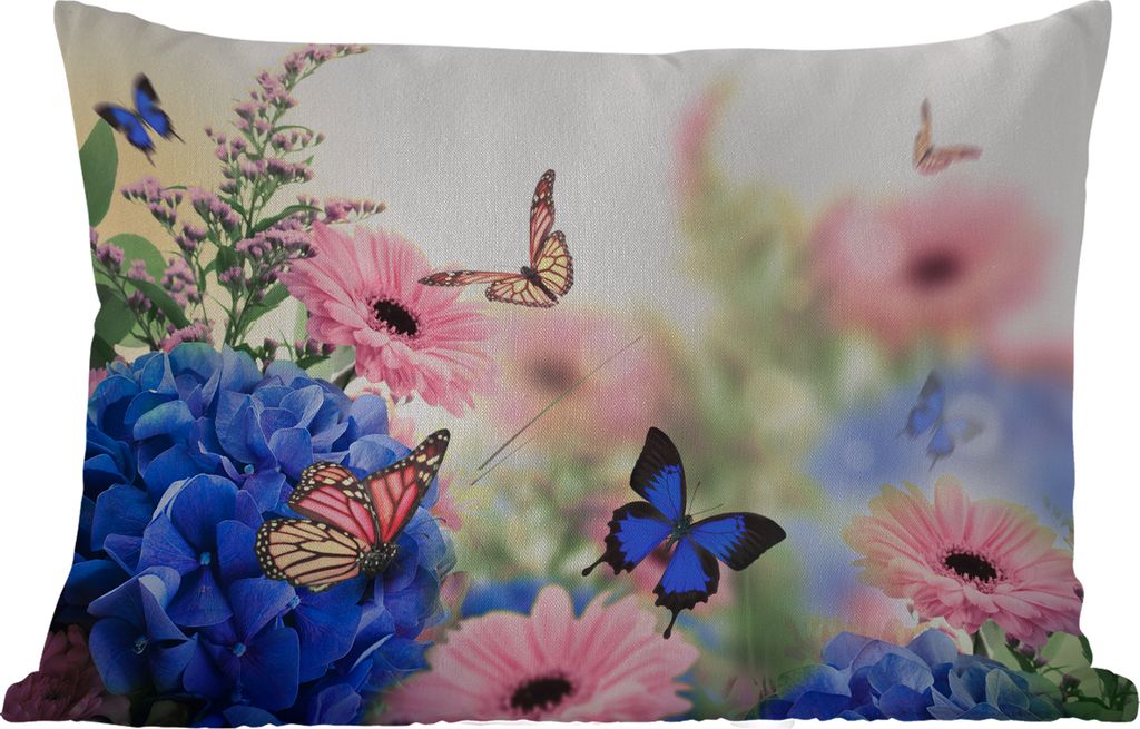 MuchoWow Outdoor Kissen - Schmetterlinge - Blumen - Hortensien - Insekten - 60x40 cm - Wetterfest - Lounge Kissen - Zierkissen - Kissen für Inne...