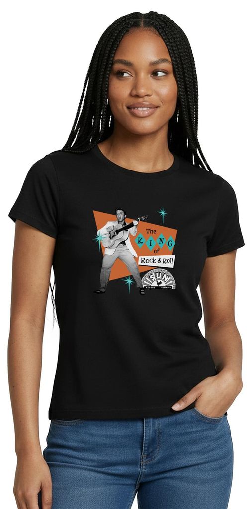 Spreadshirt Elvis Presley The King Of Rock & Roll Frauen T-Shirt, L, Schwarz