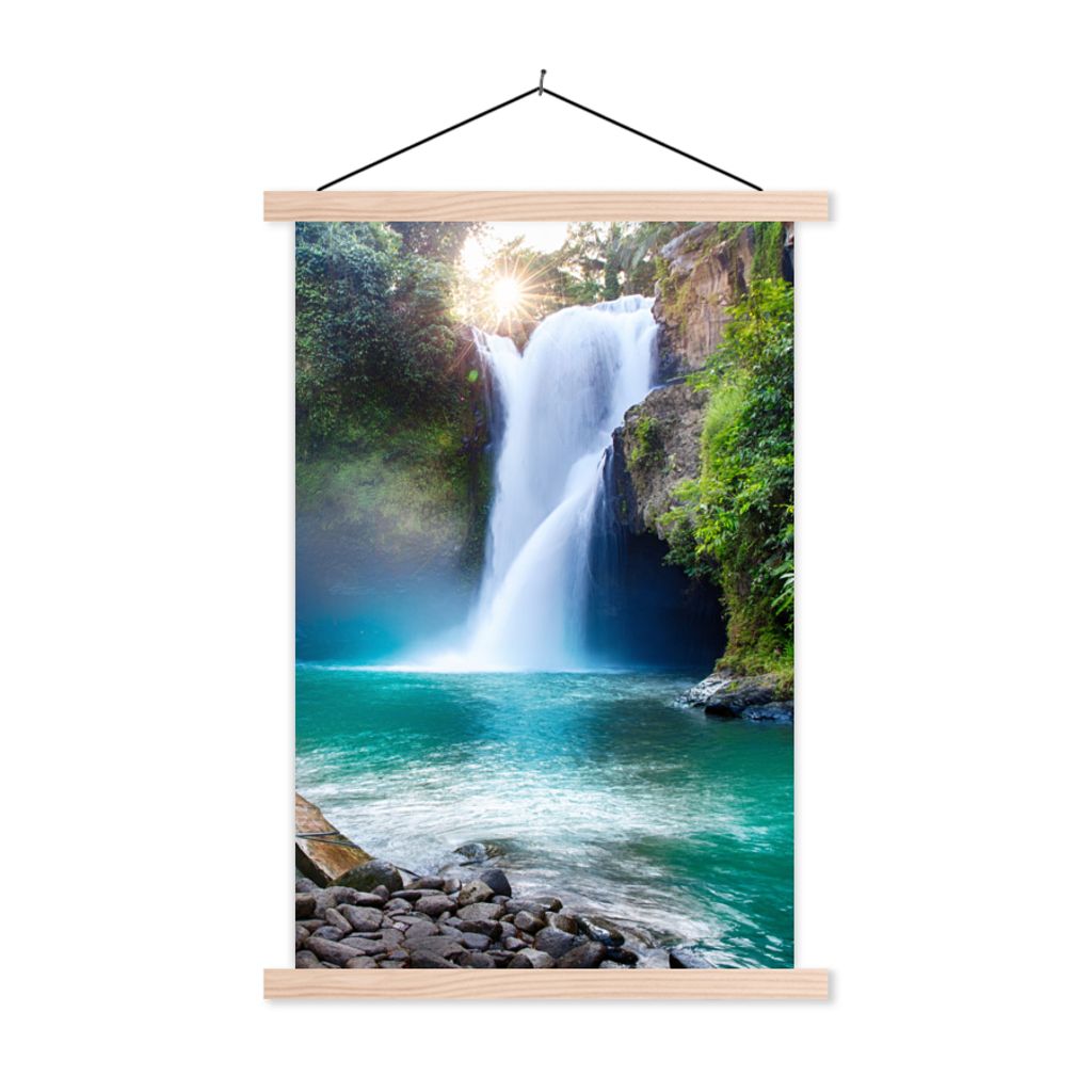 MuchoWow Textilposter Wasserfall - Steine - Landschaft - Pflanzen - Wasser 60x90 cm mit holzfarbenen Rahmen - Textil