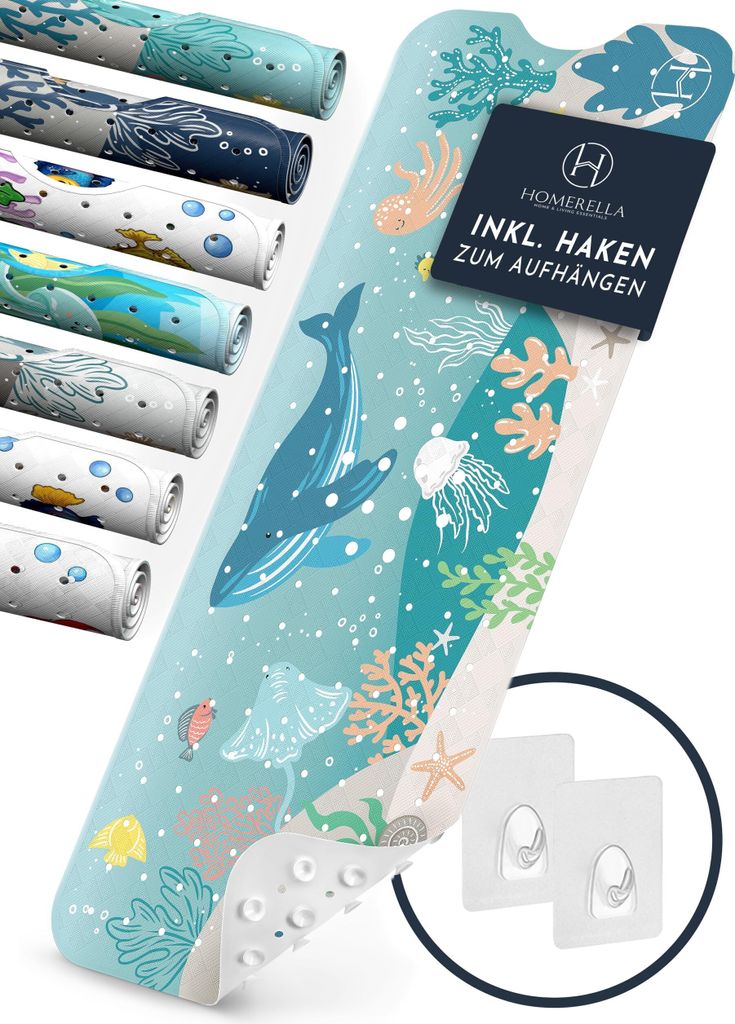 Homerella Badewannenmatte rutschfest Kinder 100x40cm - 100% BPA frei Inkl. 2 Haken zum Aufhängen - Antirutschmatte Badewanne Baby hautsensitiv