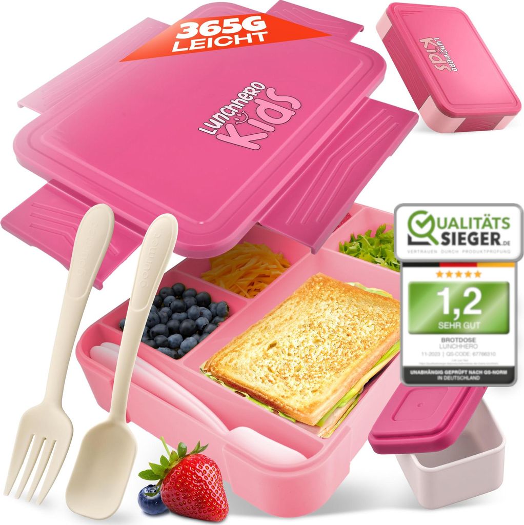 Kinder-Lunchbox Frühstücksbehälter mit Unterteilungen und Besteck Rosa