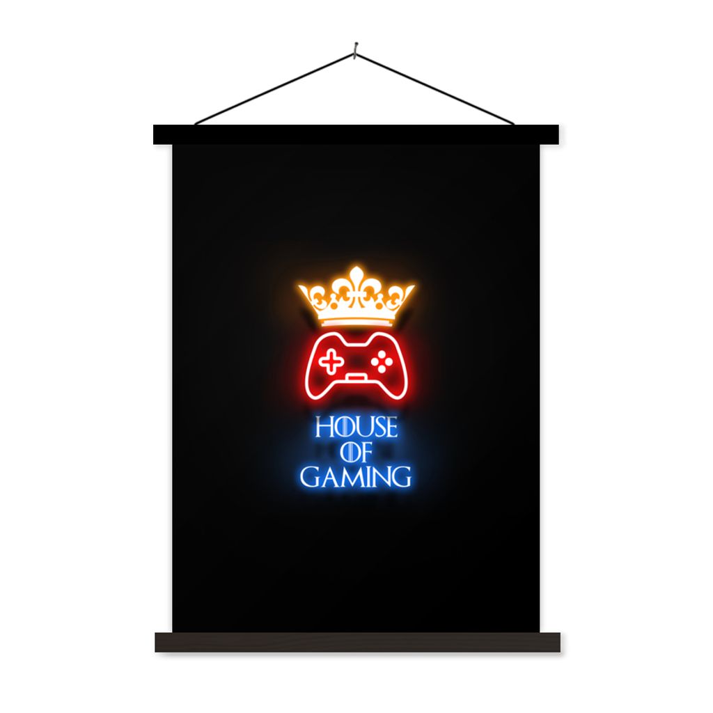 MuchoWow Textilposter Zitate von Spielen - Neon - Haus des Spiels - Krone - Text 90x120 cm mit schwarzem Rahmen - Dekoration