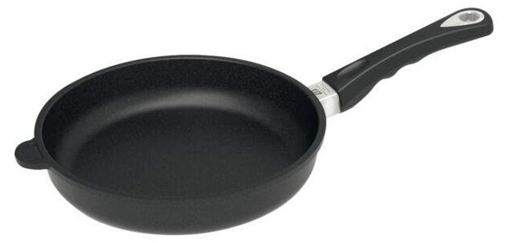A black frying pan with a black handle is shown against a white background.