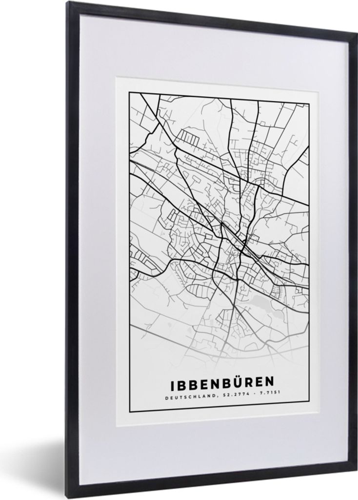 MuchoWow Gerahmtes Poster Karte - Ibbenbüren - Karte - Stadtplan 40x60 cm - Poster mit Schwarzem Bilderrahmen Wandposter Rahmen Foto Bilder - Po...
