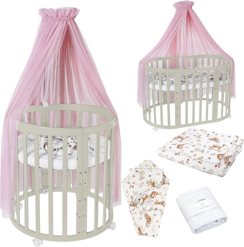 Mobiles Babybett OWAL aus Holz 7in1 mit Matratze, mitwachsend,Stoffe Rosa Tiere,Holz olive