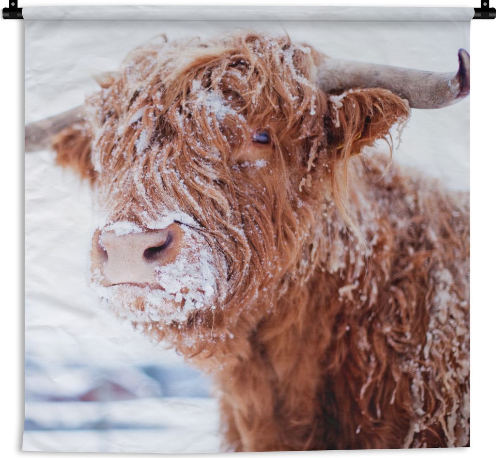 MuchoWow Wandteppich Wandbehang Schottischer Highlander - Schnee - Braun 150x150 cm Tapisserie Dekoration Wandtuch - Wohnaccessoires - Modernes
