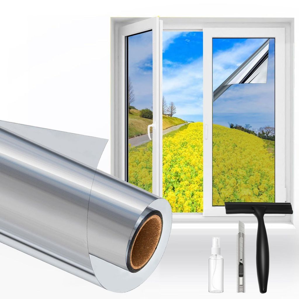 Spiegelfolie Fenster 90 x 200 cm Spiegel Silber Sichtschutzfolie selbstklebend Sonnenschutzfolie Hitzeschützend für Innen Fensterfolie