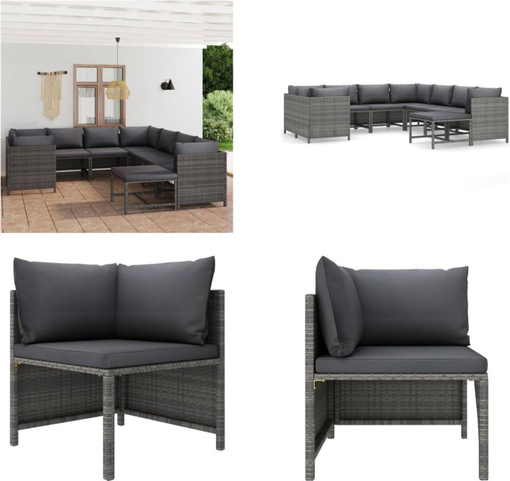 vidaXL 9 tlg. Garten Lounge Set mit Kissen Poly Rattan Grau - Garten-Lounge-Set - Garten-Lounge-Sets - Gartenmöbel - Gartenmöbel-Set