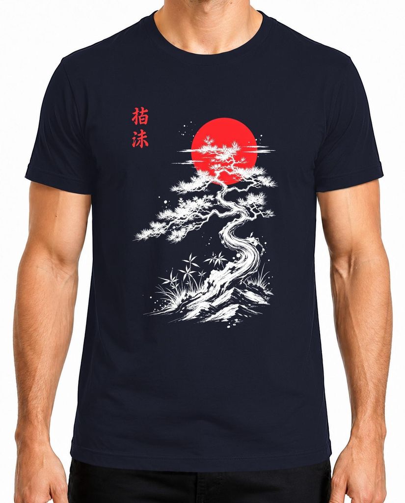 Japan Bonsai Kiefer Rote Sonne Kanji Zen Asien Y2K Nippon Fernost Herren T-Shirt, Navy, 3XL