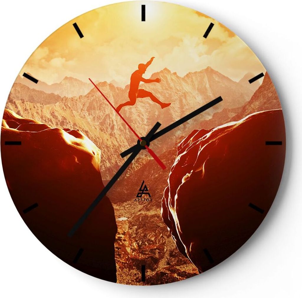 Wanduhr - Rund - Glasuhr - Mann Berg Freiheit - 30x30cm - Schleichendes Uhrwerk - Lautlos - zum Aufhängen bereit - Dekoration Modern - Wanddekorat...
