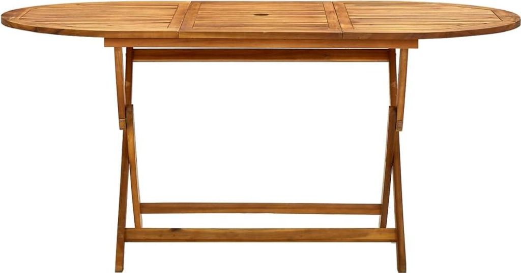 A wooden folding garden table.