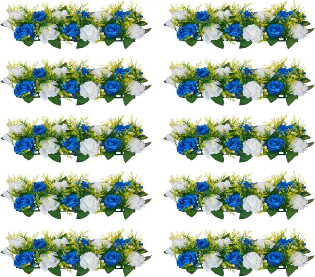 Roses artificielles décoratives bleu blanc grand format 50cm lot 10