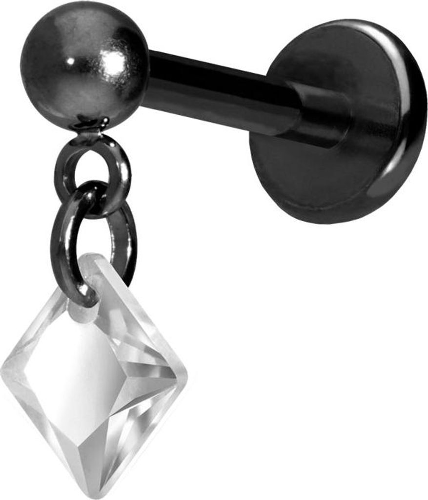 Ohrpiercing, Nasenpiercing Titan Labret mit Push Fit KRISTALLQUADRAT Schwarz Stablänge: 10mm | Stabstärke: 1mm