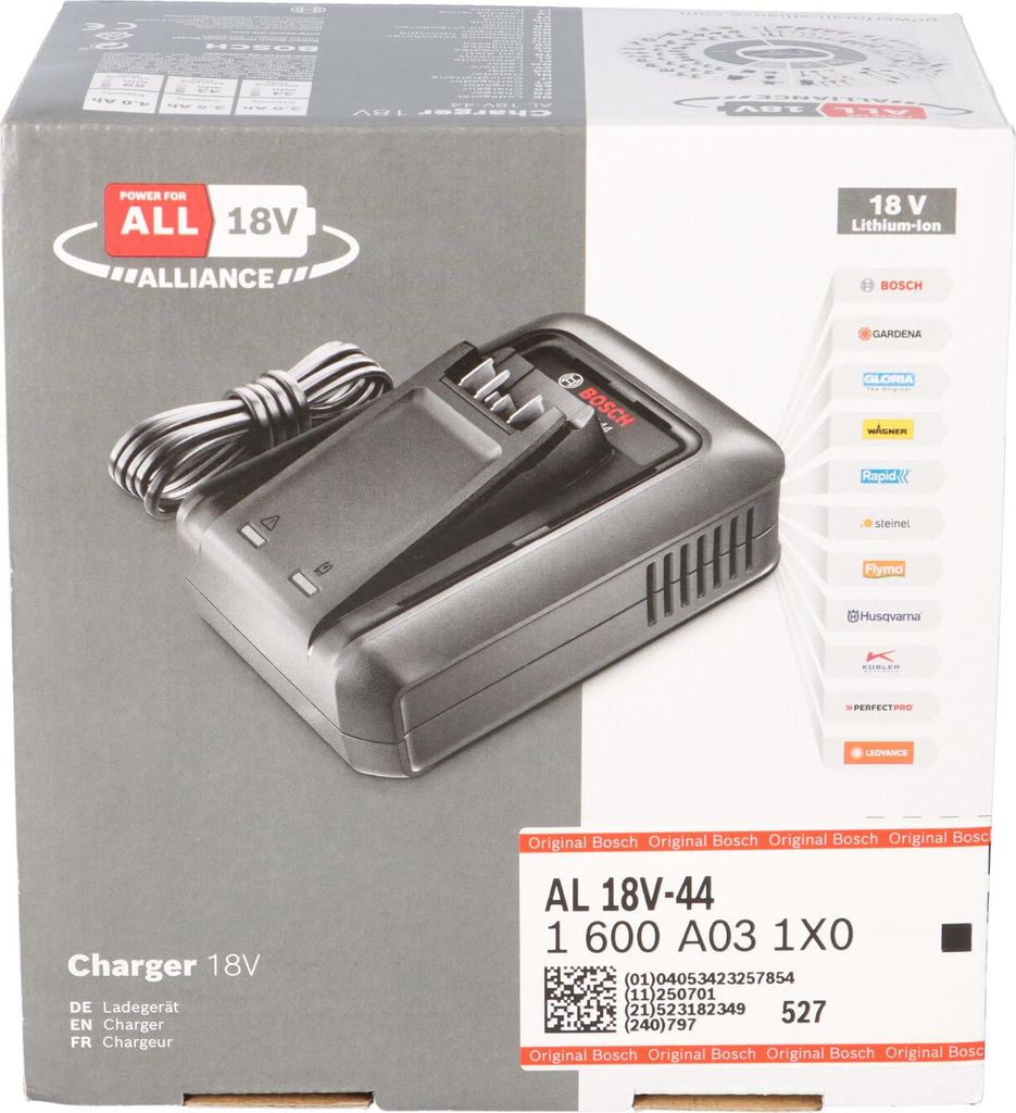 The image shows the packaging of a Bosch battery charger.