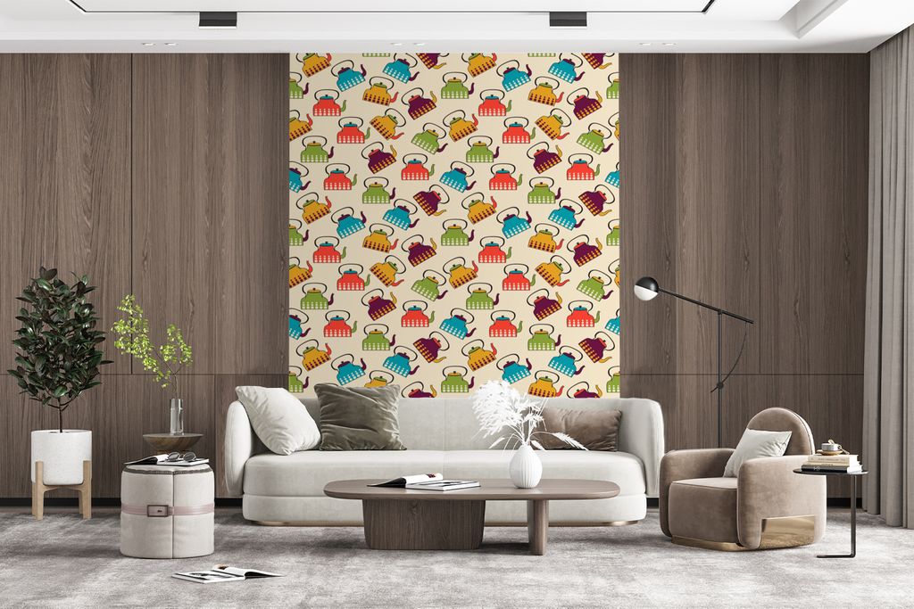 MuchoWow Fototapete für Wohnzimmer oder Schlafzimmer Wandtapete Vinyl Motivtapete Design - Retro - Teekanne - Farben - 190x260 cm - Papiertapete