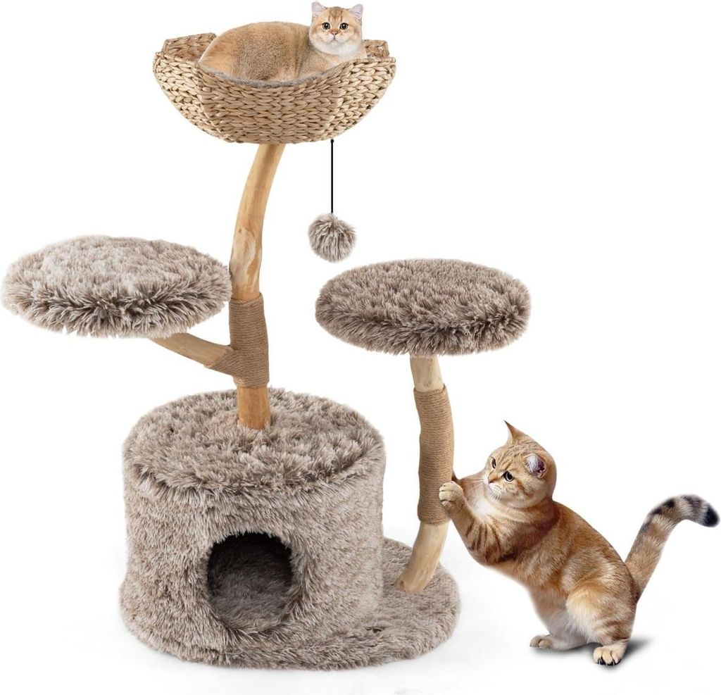 Katzenbaum mit Höhle, 105 cm, Birkenholz, Plüschplattformen