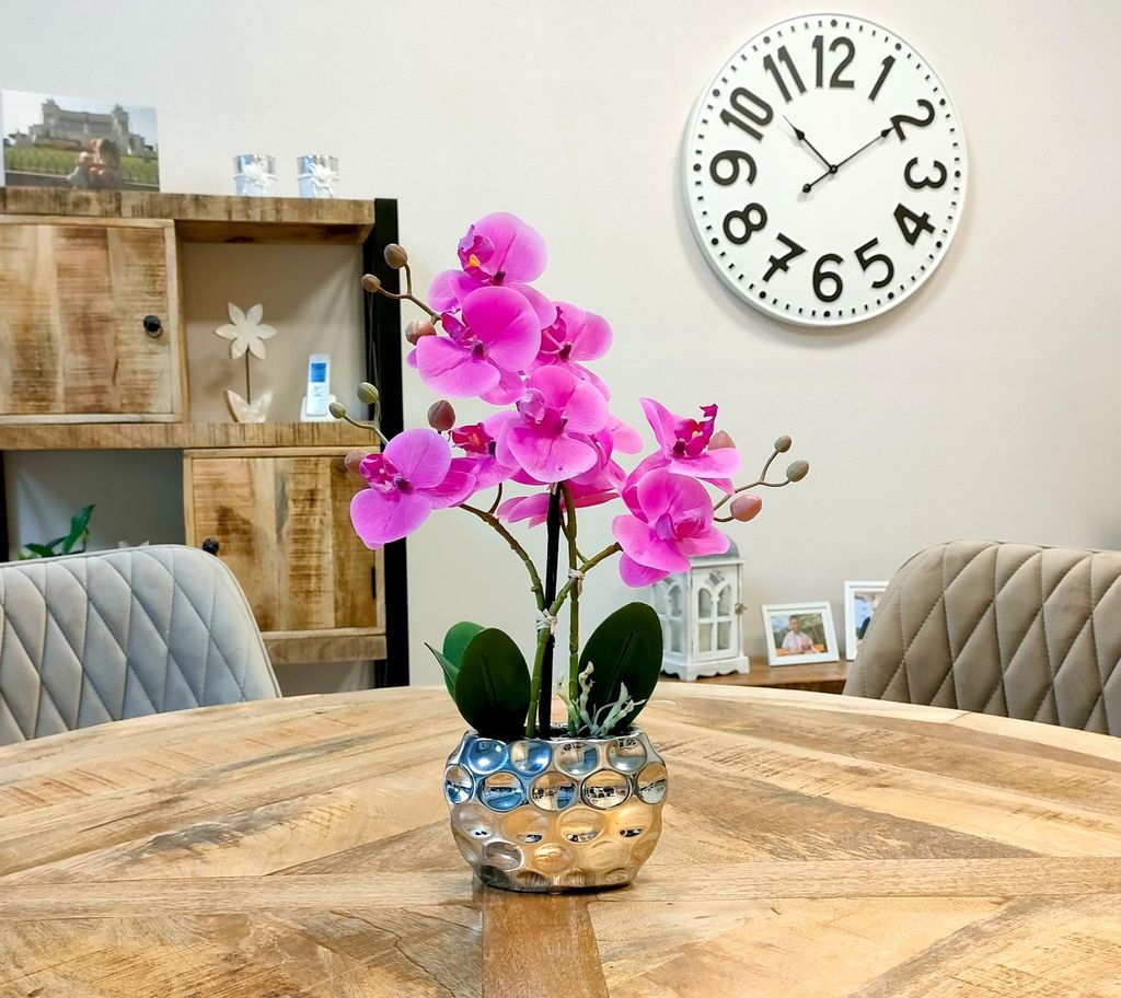 Kunst-Pflanze Orchidee ovaler Topf silber hochglanz und Produktbild 