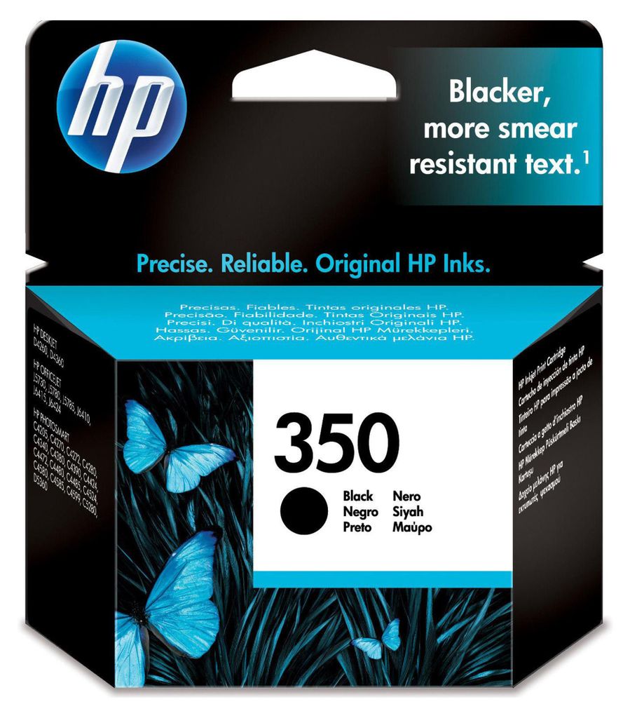 The image shows the packaging of an HP 350 black ink cartridge, featuring butterflies and product information.