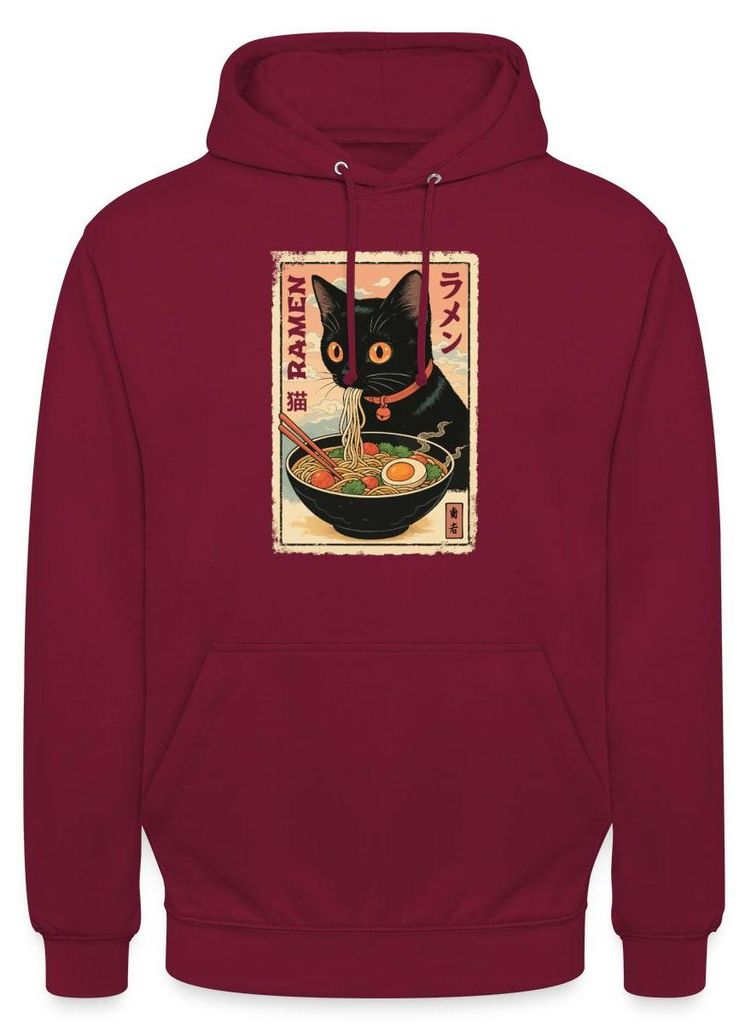 Spreadshirt Ramen Katze | Schwarze Katze Mit Nudelsuppe Uni Hoodie, S, Bordeaux