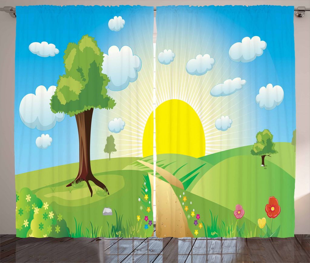 ABAKUHAUS Land Rustikaler Gardine, Hills Sonnenaufgang-Landschaft, Schlafzimmer Kräuselband Vorhang mit Schlaufen und Haken, 280 x 245 cm, Mehrfarbig