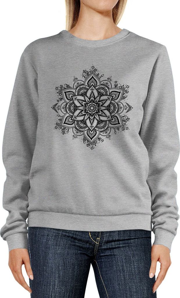 Sweatshirt Damen Aufdruck Mandala Ethno Boho Ornament Rundhals-Pullover Pulli Sweater Neverless grau-melange XXL
