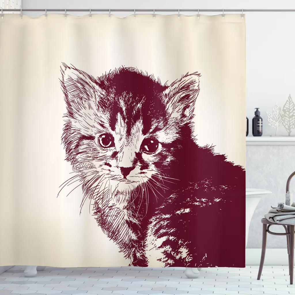 Tenda da Doccia 175x200 ABAKUHAUS Vintage Gatto Retro Marrone Crema