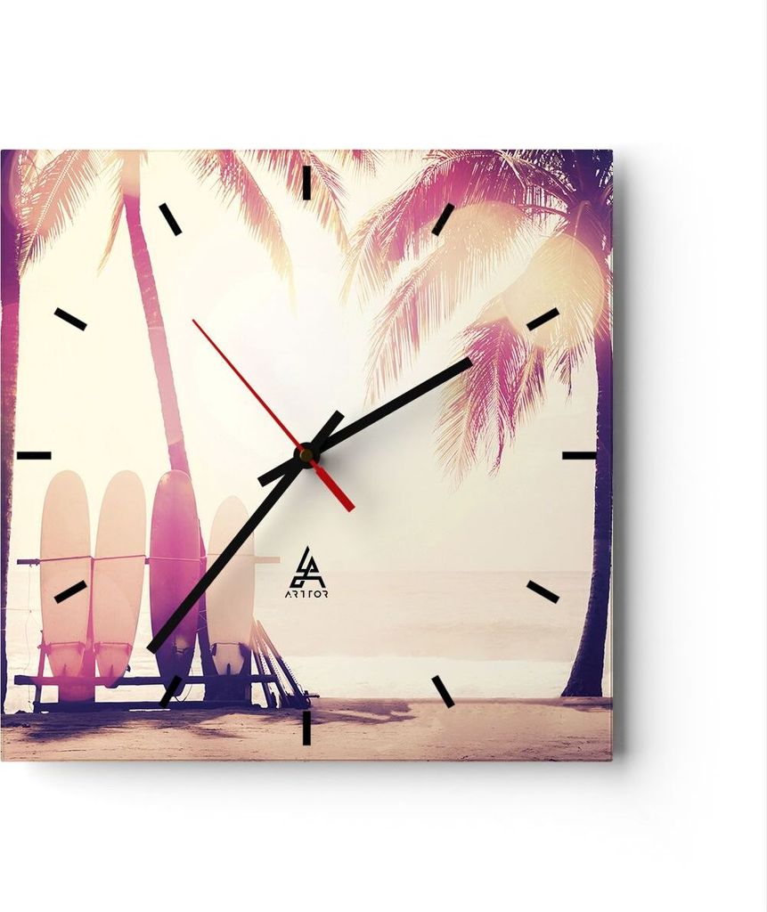 Wanduhr - Quadrat - Glasuhr - Fackel Strand Surfen - 30x30cm - Schleichendes Uhrwerk - Lautlos - zum Aufhängen bereit - Dekoration Modern - Wandde...