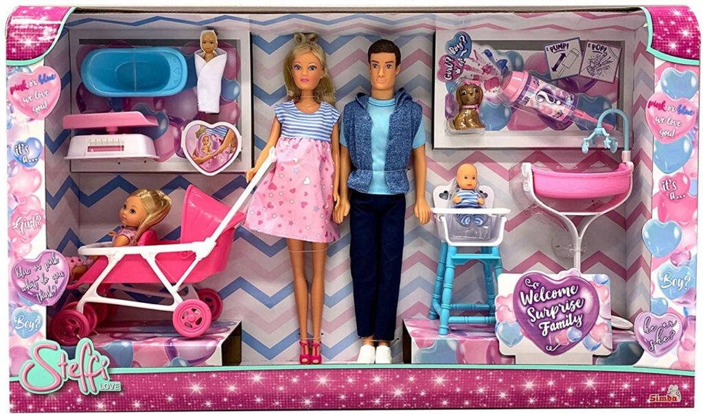 A toy family set in its packaging, featuring dolls and accessories for a baby.